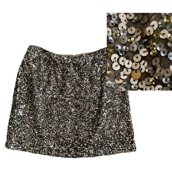 NWT Vince Sequin Mini Skirt Size 12 Antique Gold & Silver Sparkle A-Line Glamour - Picture 2 of 10
